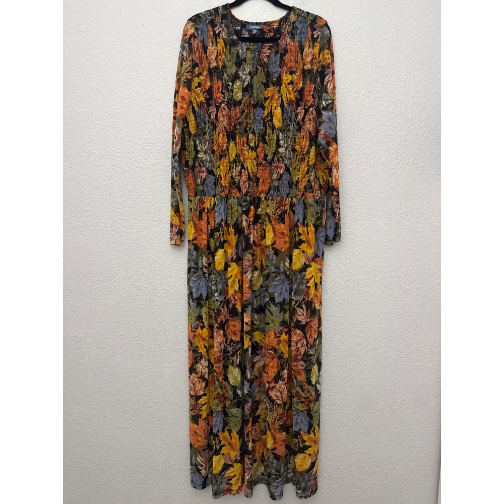 Modcloth Multicolor Smocked Leaf Print Long Sleeve Maxi Dress Size 3X